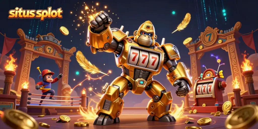 Engage with situs slot mechanics featuring a golden gorilla mech and jackpot elements amidst a casino-themed backdrop.