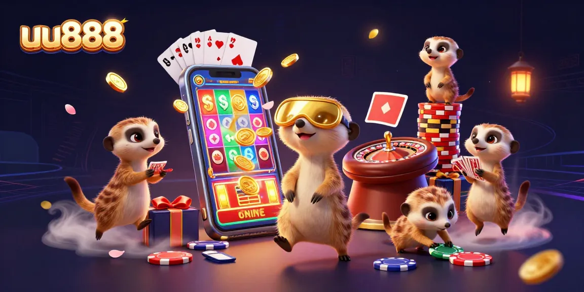 Dive into the excitement at uu888 with a playful scene showcasing meerkats in a vibrant casino.