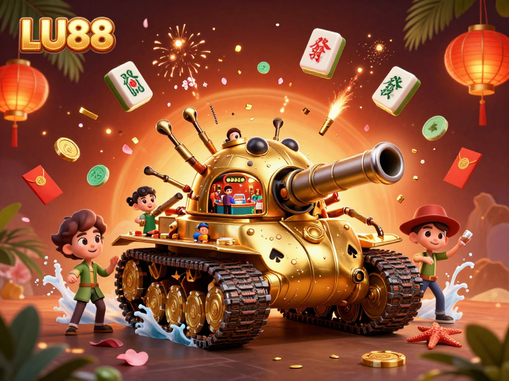 LU88 captivates with a golden beetle tank revealing a vibrant miniature casino within, showcasing lively gaming action.