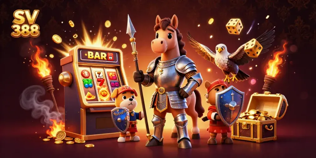 Engage with SV 388's exciting jackpot scene featuring a knight, a puppy, and a falcon amidst casino elements.