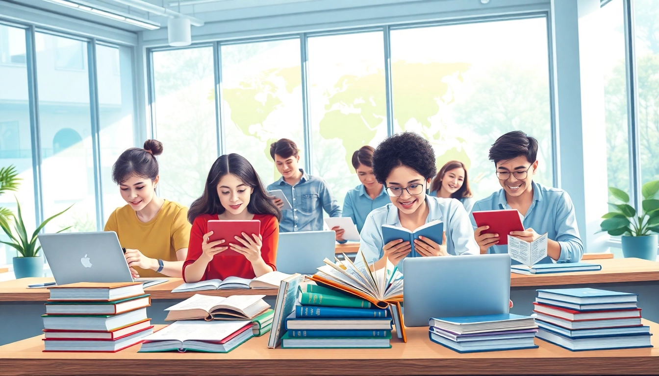 Language students using 有道 translation tools in a modern learning environment.