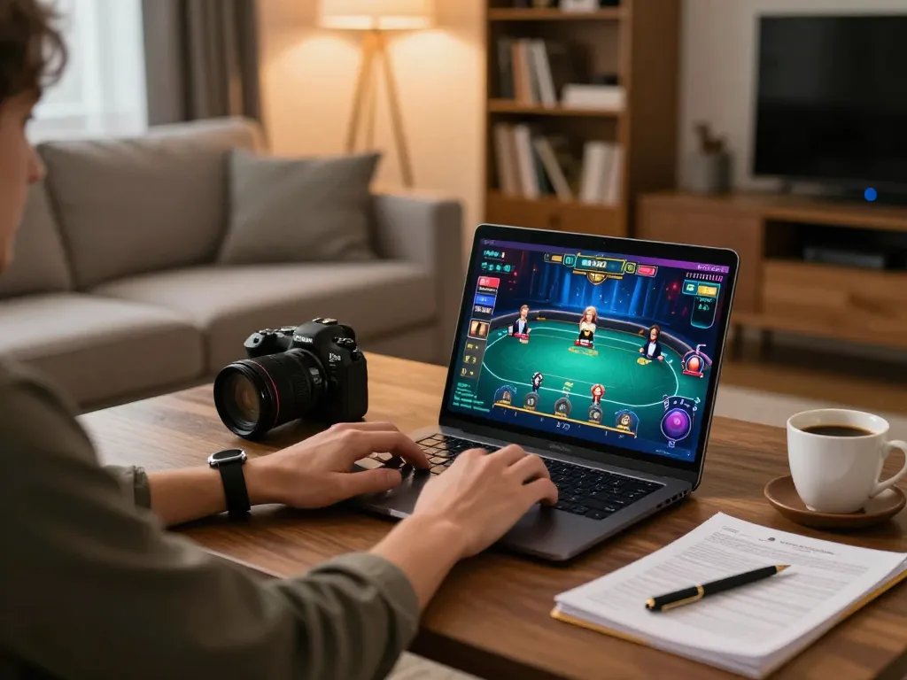 Engaging in a poker game from the comfort of home using Website Lu88 for online casino gaming.