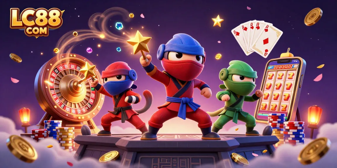 Experience thrilling gaming action with LC88 COM featuring cartoon ninja chameleons and dazzling casino elements.