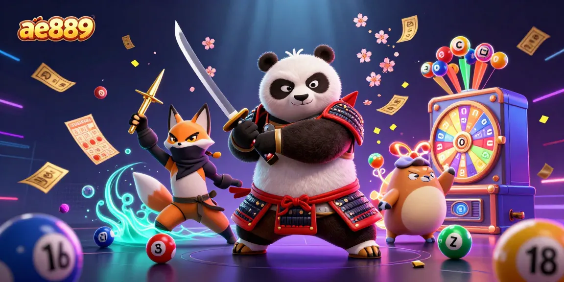 Experience the thrill of ae889 with a dynamic 3D illustration featuring a samurai panda and a ninja fox in a magical casino setting.