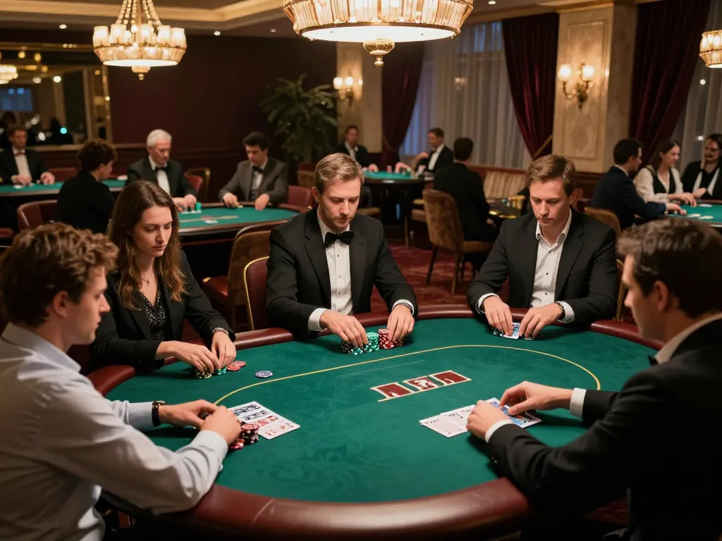 KJC players engaging in an intense poker game at a high-stakes tournament in a luxurious casino setting