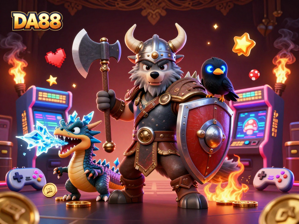 Experience the thrill of DA88 with a Viking warrior, dragon, and arcade elements in an energetic casino scene.