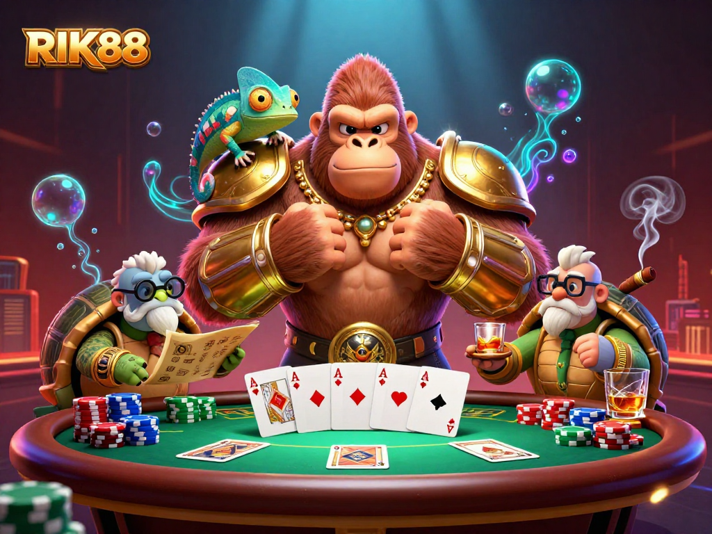 RIK88 casino gaming scene featuring a gorilla in armor, poker chips, and gambling elements for immersive experience.