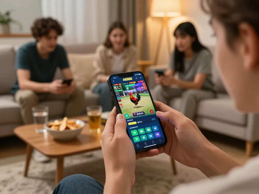 Engaging AE888 live rooster fight on smartphone in a cozy home setting with snacks.