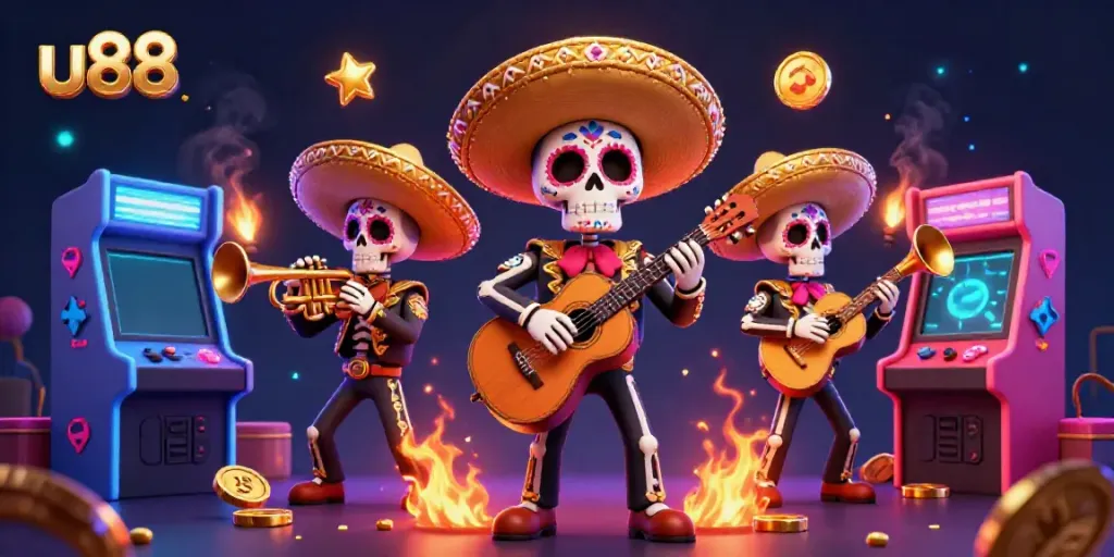 Experience the thrill of u88 as a mariachi band plays amidst vibrant casino elements and glowing arcade games.