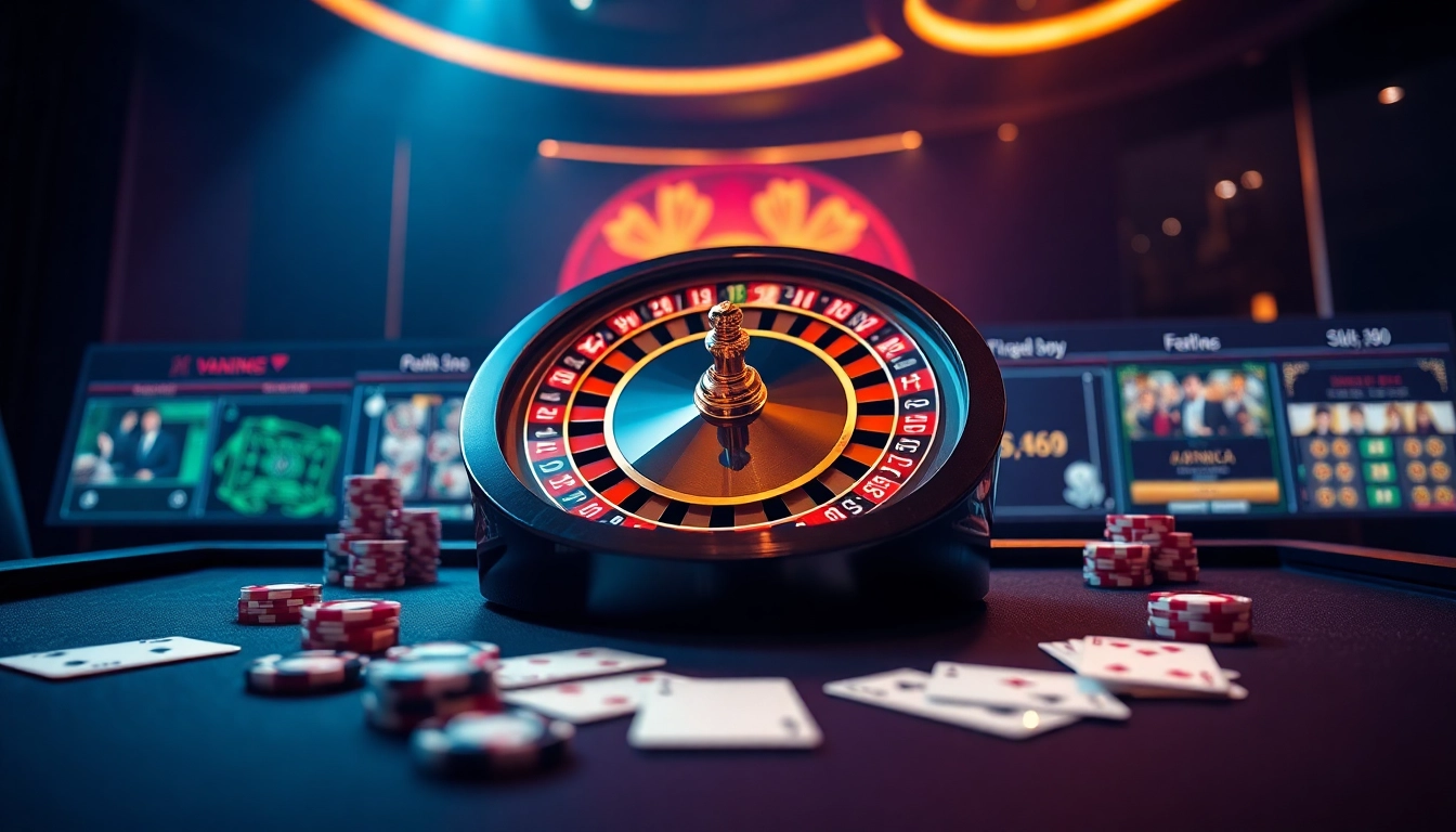 Engaging online casino interface showcasing Trang chủ vin88 with a virtual roulette wheel and poker chips.