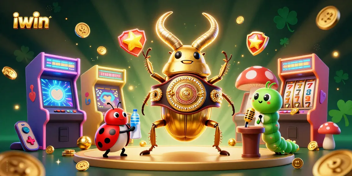 Engage with iwin's dynamic 3D cartoon casino scene featuring a beetle champion in action.