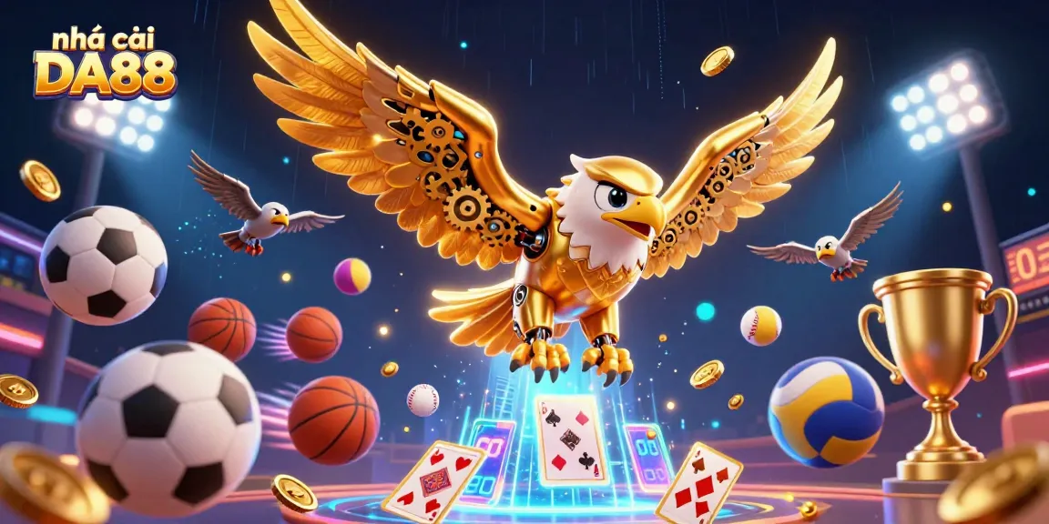 Bet and win at nhà cái DA88 with vibrant sports elements and a dynamic 3D casino scene.