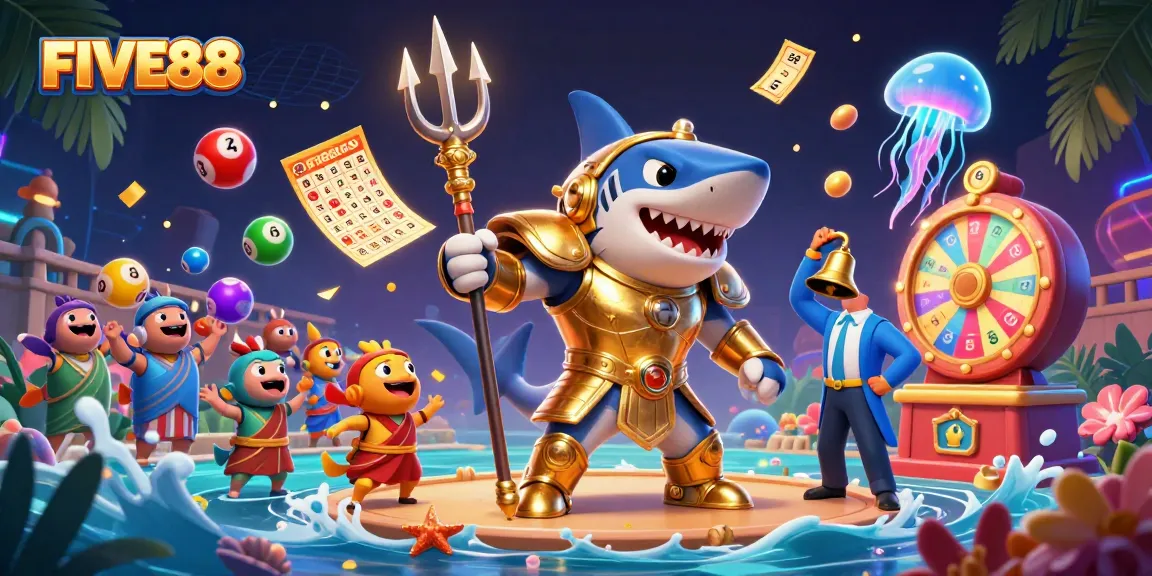 Engage with FIVE88's vibrant underwater casino adventure featuring a shark gladiator.