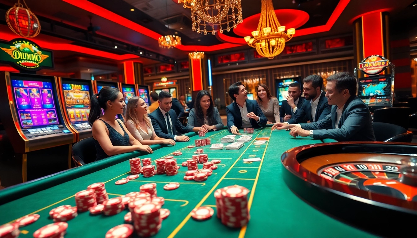 Excited players engaging with F168 casino games at a luxurious table.