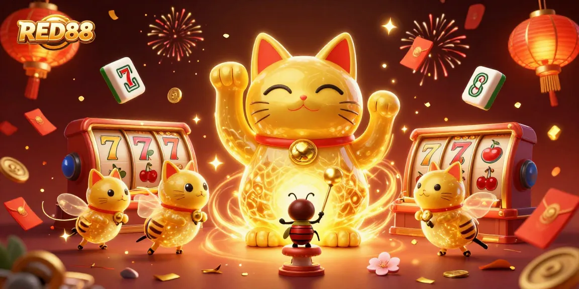 Engage with RED88 amidst vibrant slots and festive elements in this lively casino illustration.