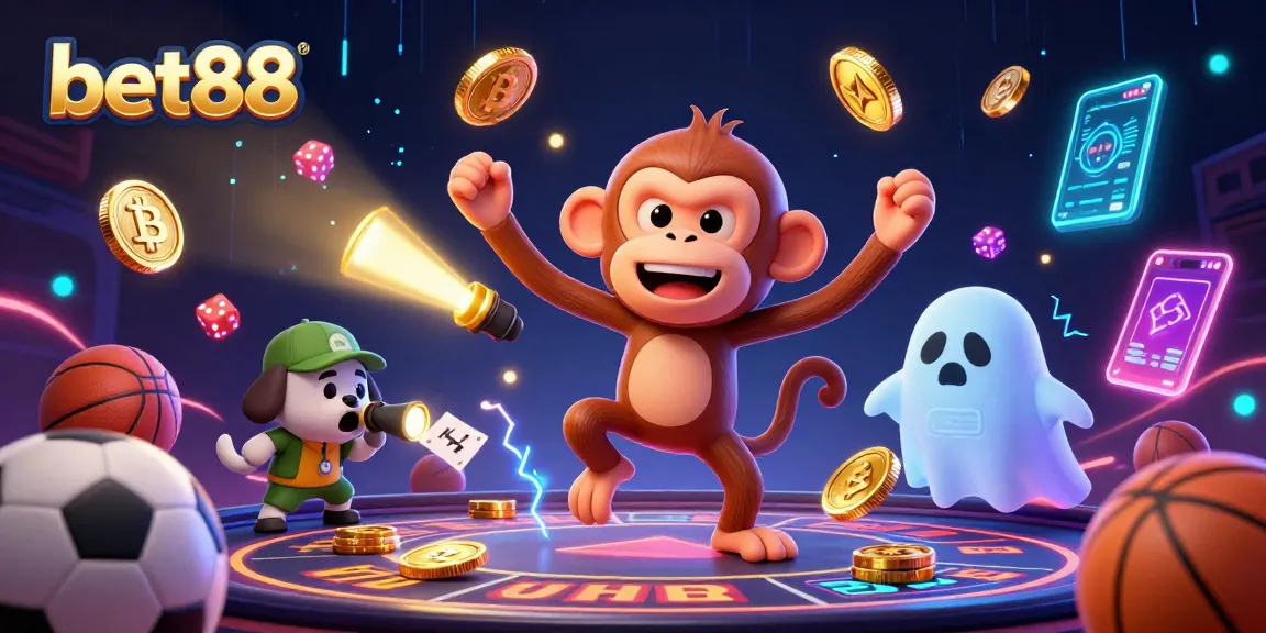 bet88 showcases a lively 3D scene with sports betting elements and a playful poltergeist monkey.