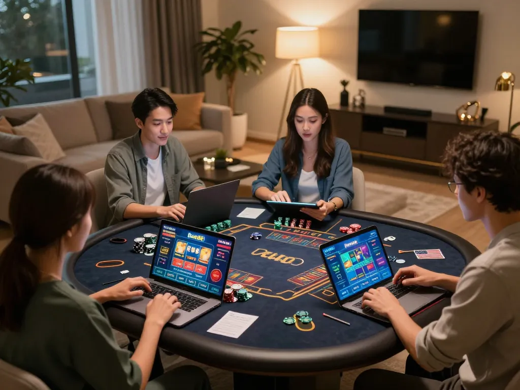 Bom88 users actively engaging in strategic online gambling gameplay in a modern home setting