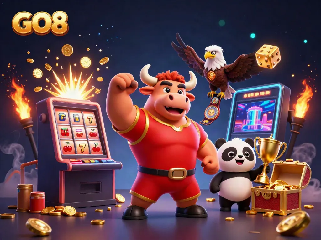 GO8 showcases a victory in gaming with a bull mascot, eagle, and panda, all amidst casino symbols.