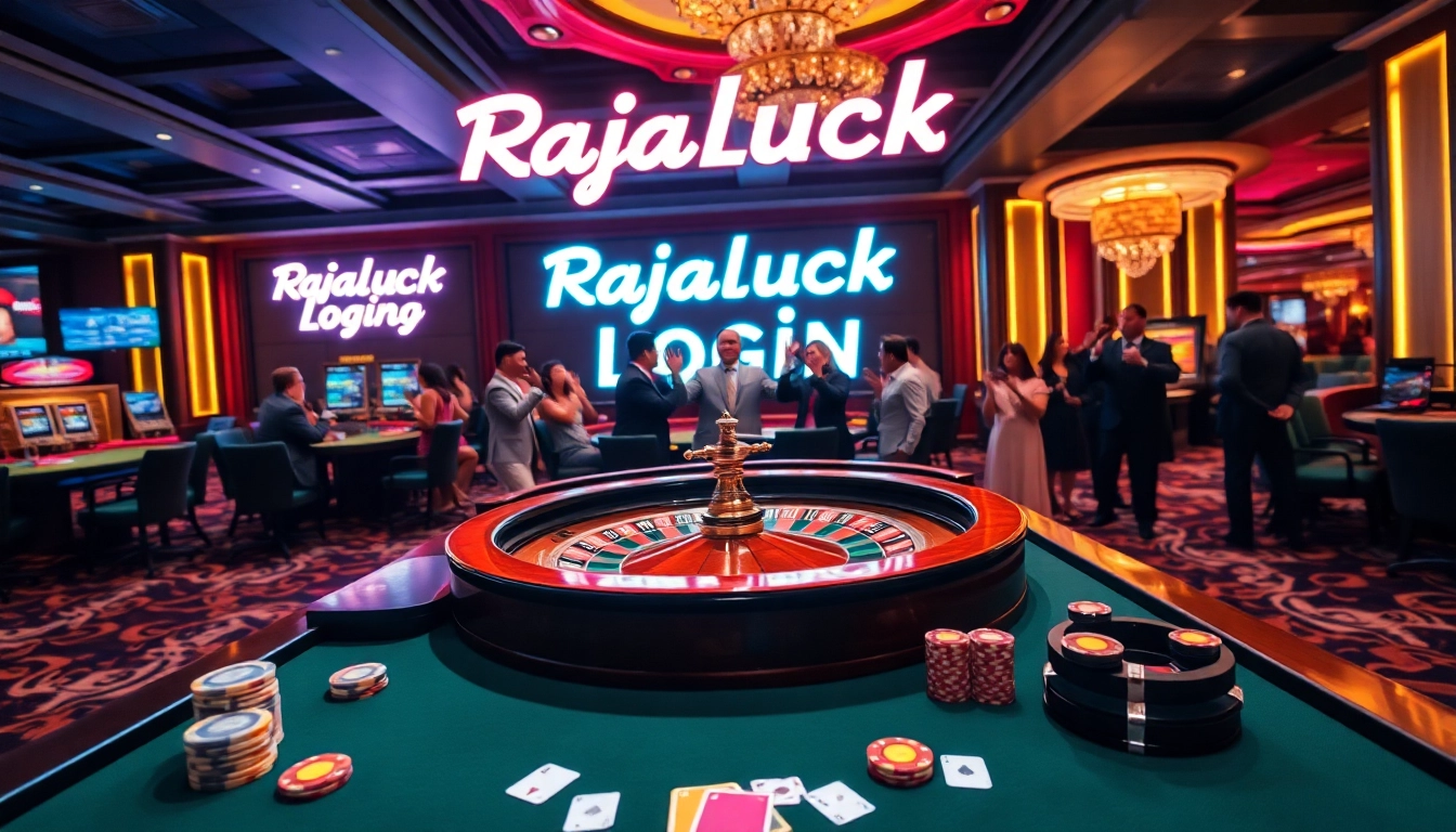 Join the excitement at Rajaluck Login with dynamic casino gaming visuals showcasing poker, chips, and roulette wheels.