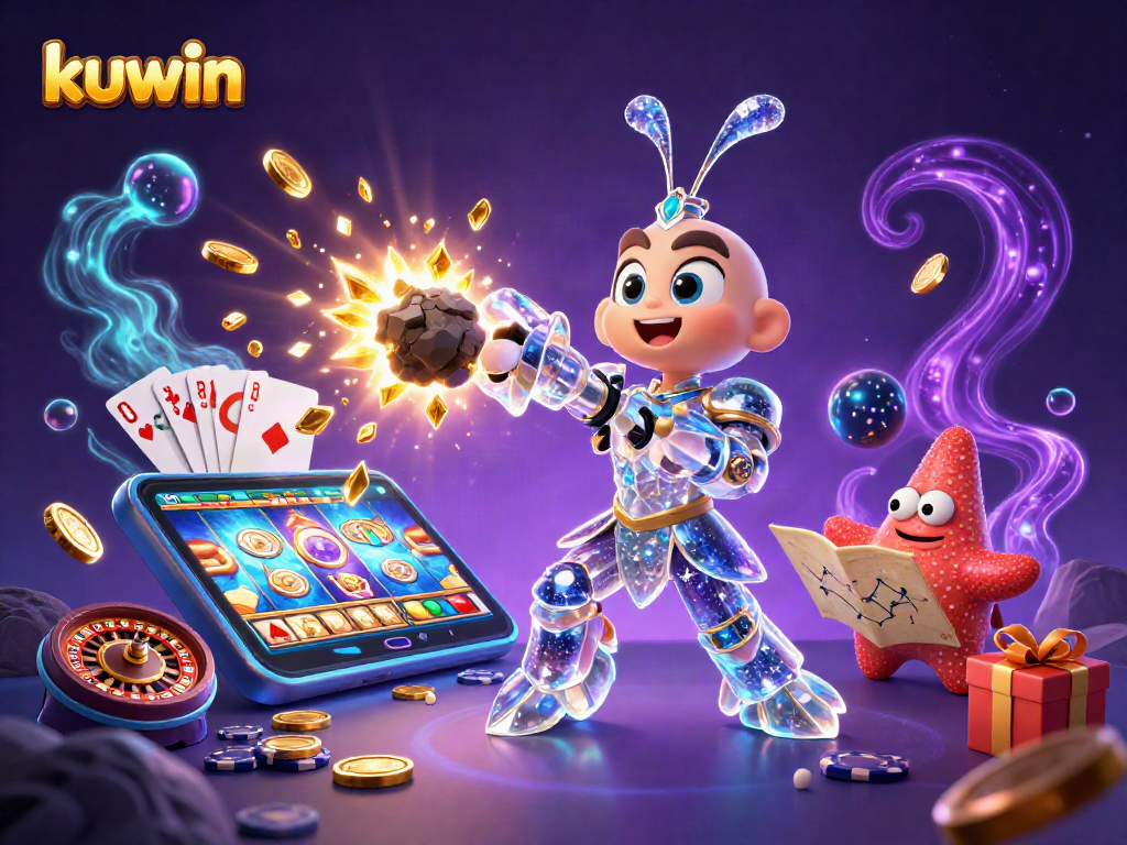 Kuwin reels in excitement as a mantis shrimp breaks an asteroid, revealing treasures in a vibrant casino scene.