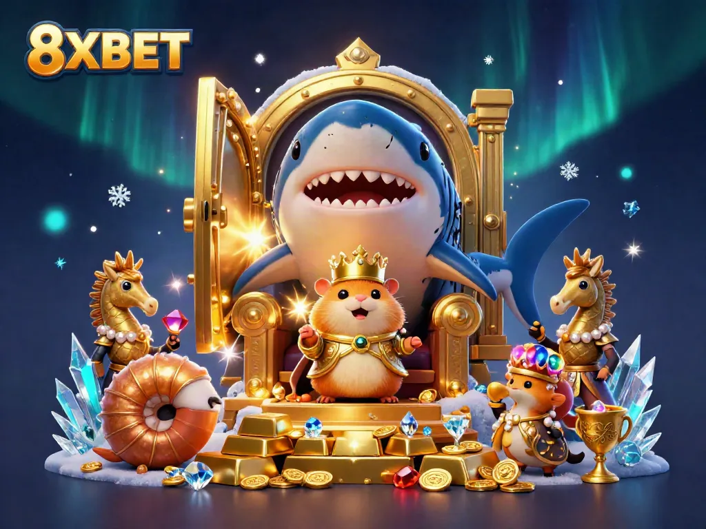 Join the excitement at 8XBET with a vibrant casino scene featuring a fierce hamster king and a treasure vault.