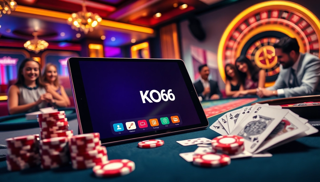 Giao diện ứng dụng KO66 được trình bày cùng với chip poker và xúc xắc trong một môi trường casino sang trọng.