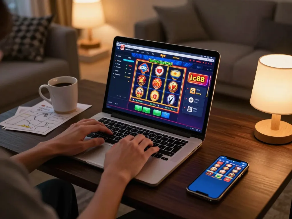 Using lc88 đăng nhập on a laptop while enjoying online casino games in a cozy living room