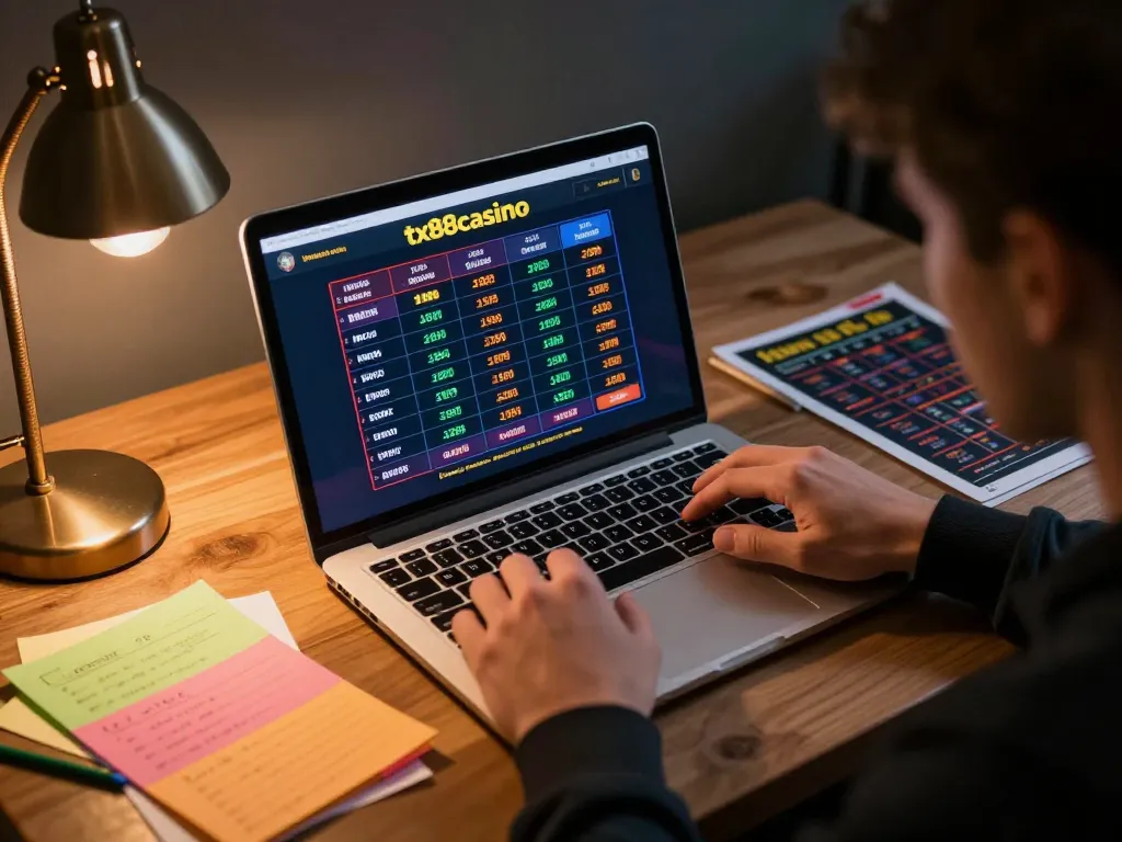 Engaged user analyzing betting odds on the tx88casino platform with essential notes and guides for online gambling.