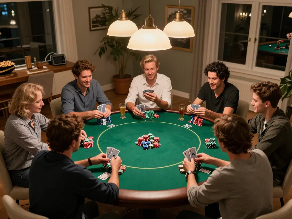 Friends enjoying a lively poker night at home with engaging gameplay dynamics centered around XX88.