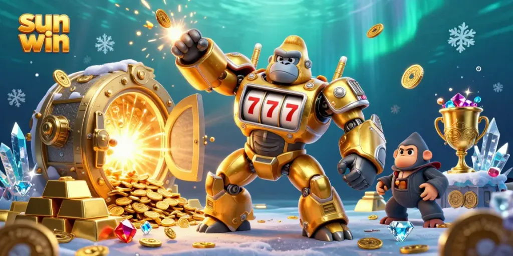 Experience the thrill of sun win with dynamic 3D visuals of a golden gorilla mech and treasures.