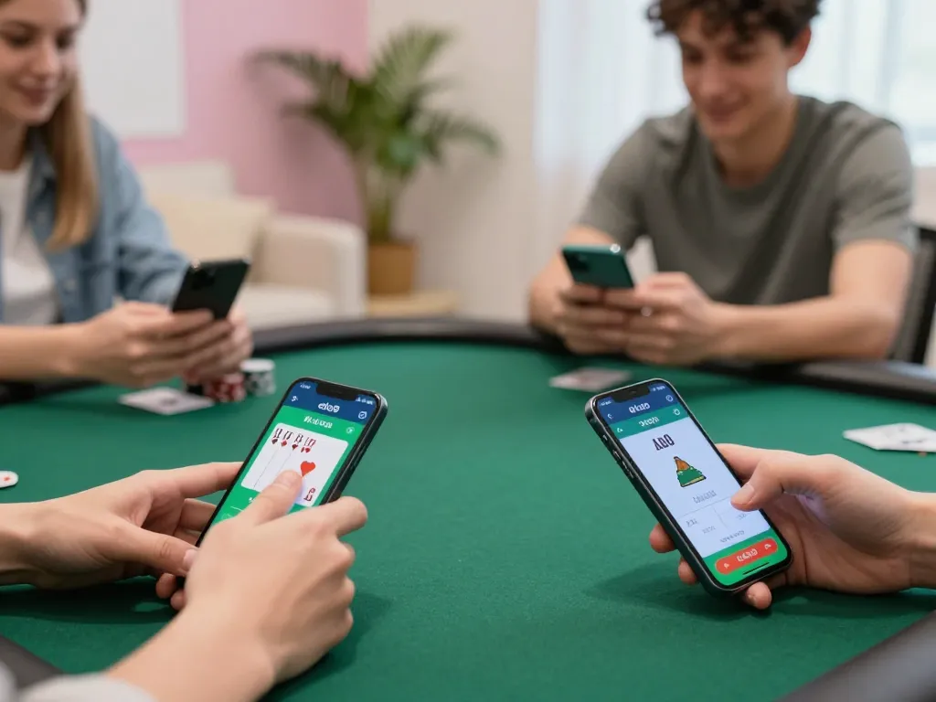 Engaged players using nhà cái alo8 app for online poker in a cozy home setting