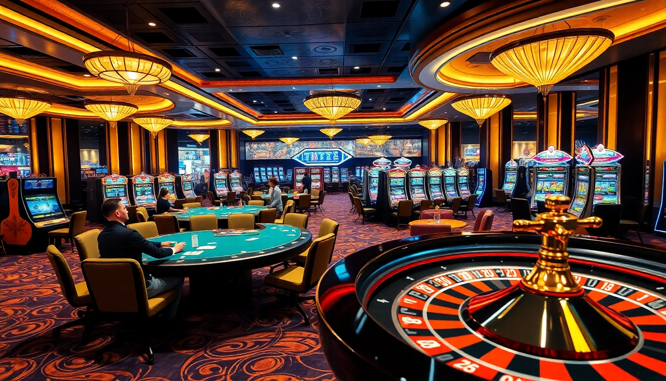 Experience Nhà cái Jun88 with exciting gameplay at a luxurious casino environment, showcasing poker tables and slot machines.