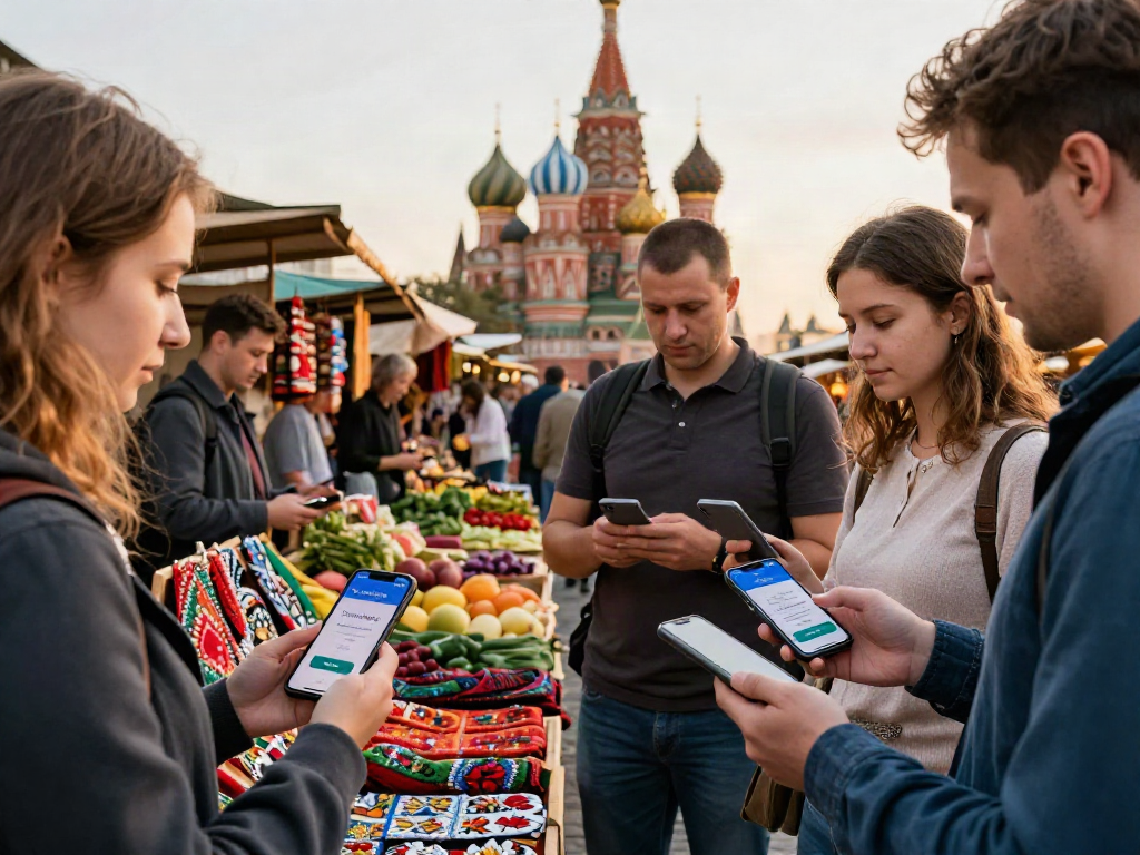 Toeristen gebruiken de PayInRussia-app voor digitale betalingen op een lokale markt in Rusland.