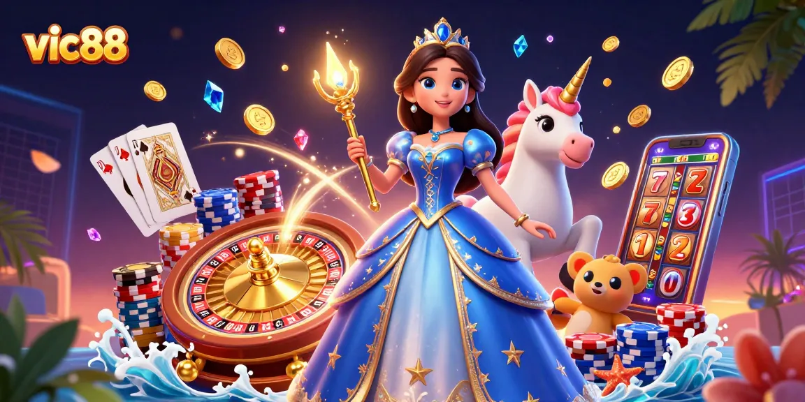 Engage with the world of vic88 while winning big in a vibrant casino scene illustrated in stunning 3D detail.