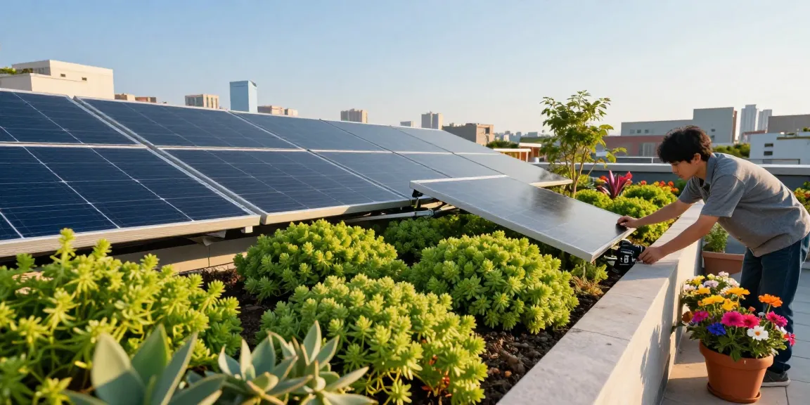Verken het milieuvriendelijke dak met zonnepanelen op sedumdak en bloeiende sedumplanten.