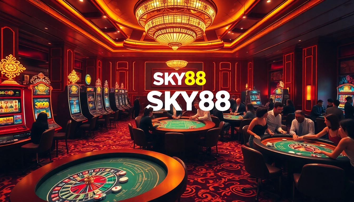 Players enjoying an exciting gambling experience at SKY88 casino with roulette and poker tables.