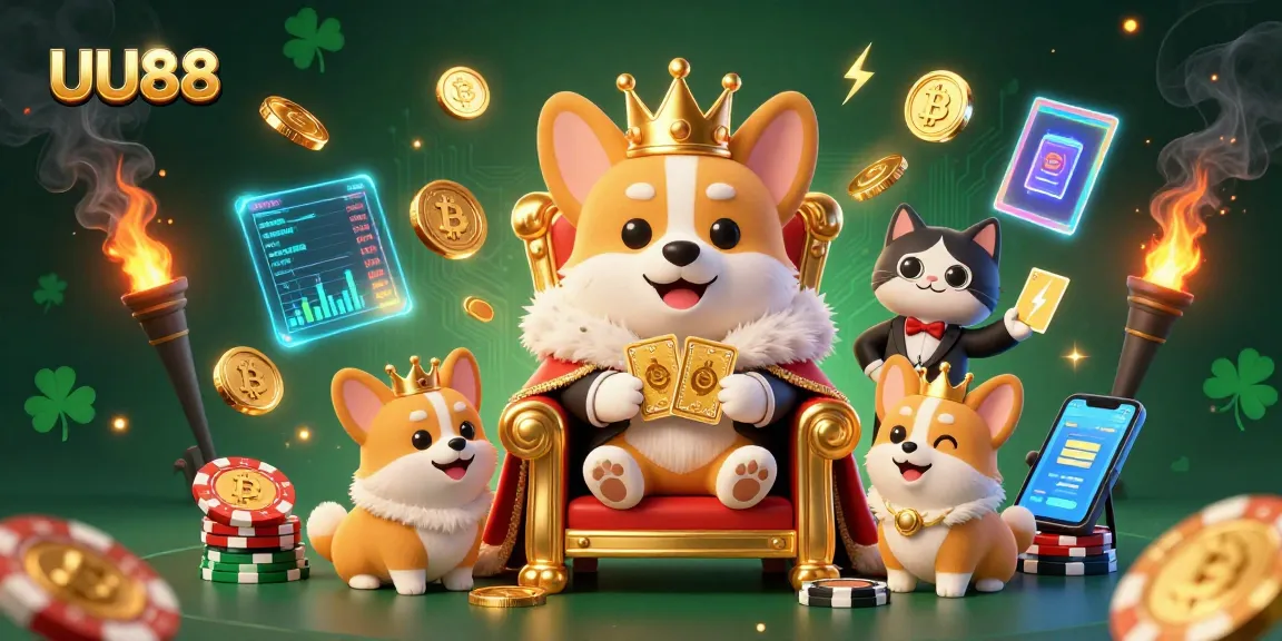 Engage with UU88 in a vibrant casino scene featuring a royal corgi on a poker chip throne.
