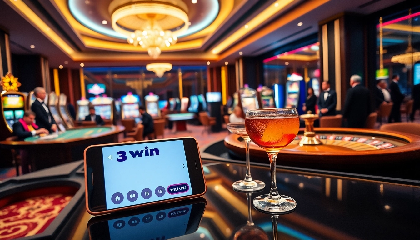 The 3win app enhances casino fun with a vibrant gaming scene showcasing poker chips and roulette wheels.