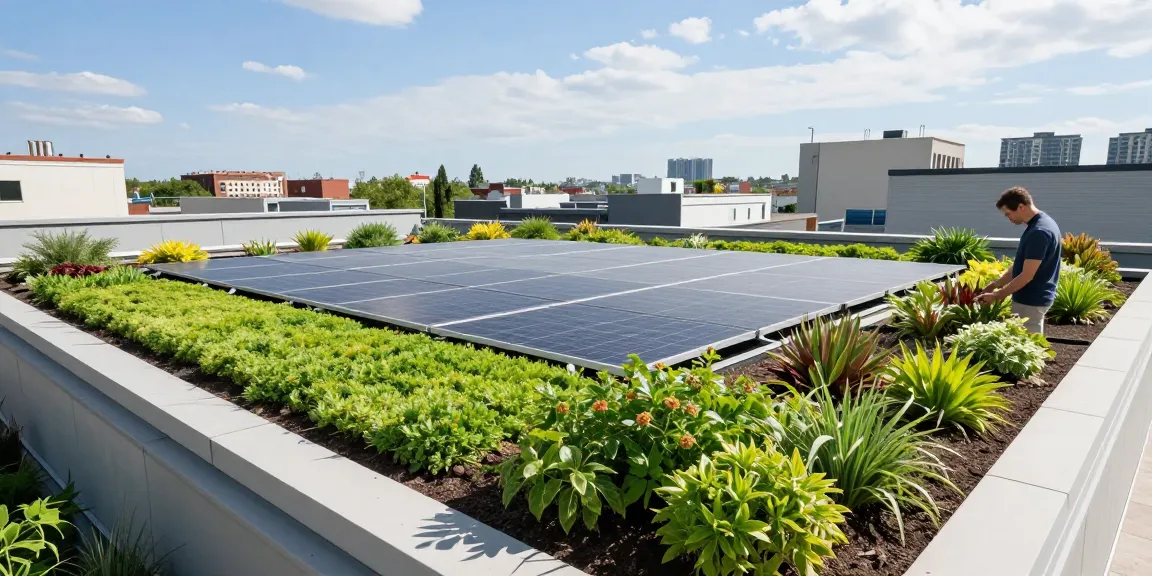 Zonnepanelen op sedumdak geïntegreerd met een weelderige groene daktuin, die duurzaam leven illustreert.