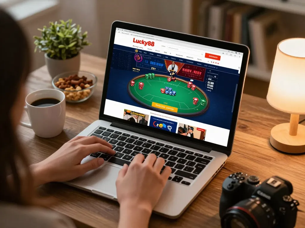 Engaging gameplay at Website Lucky88, showcasing a poker session on a laptop with snacks nearby