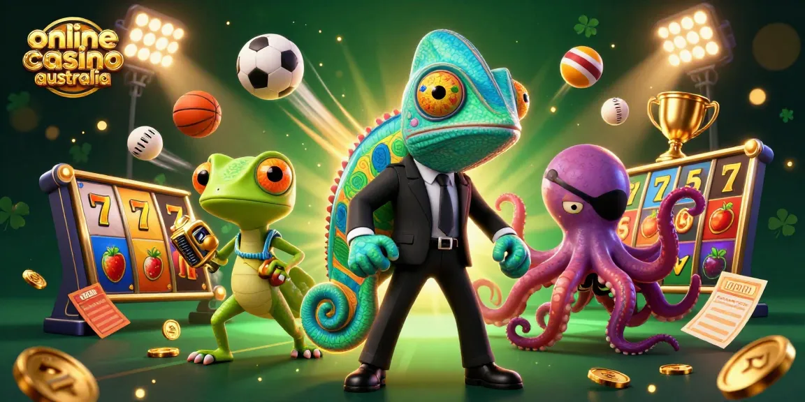 Experience the thrill of online casino australia with a dynamic scene featuring colorful slot elements and vibrant characters.