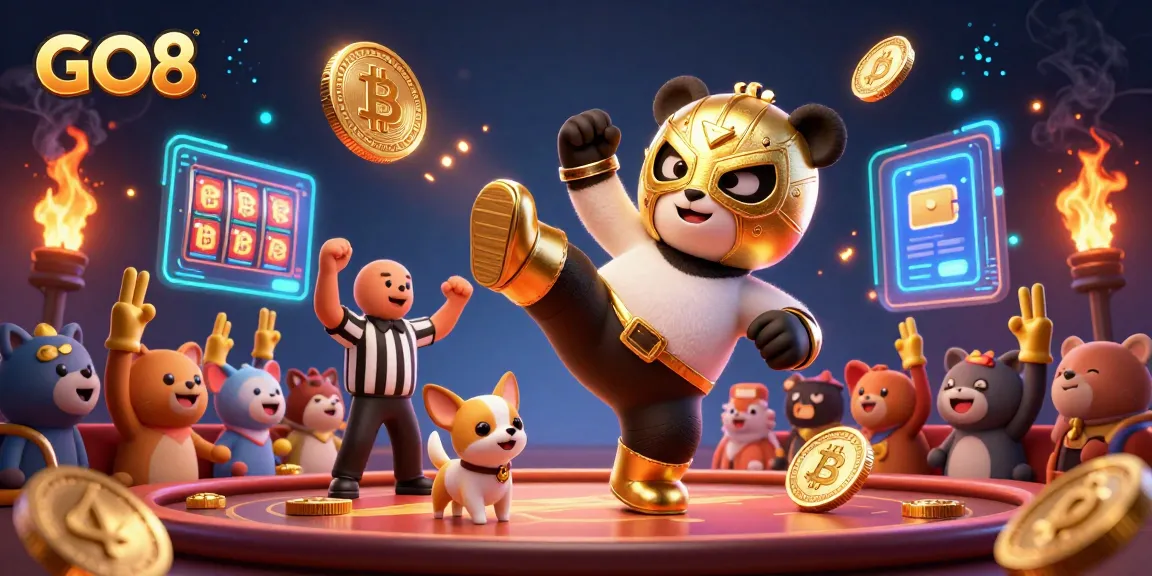 GO8 showcases a dynamic 3D casino scene with colorful characters and cryptocurrency elements.