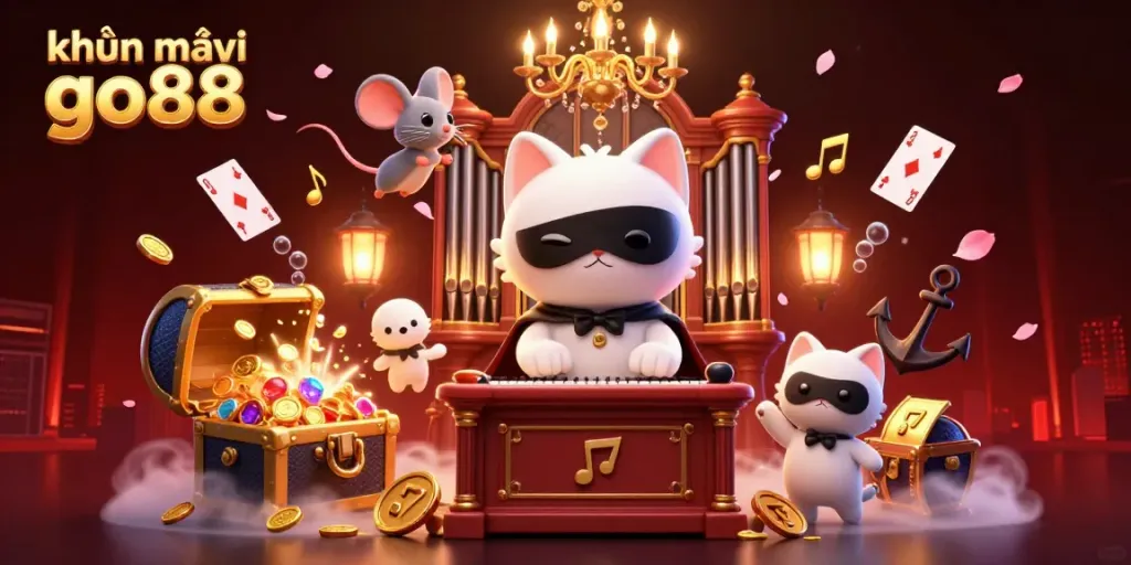 Engage with khuyến mãi go88 through an enchanting scene featuring a phantom cat and mouse acrobat in a vibrant casino.