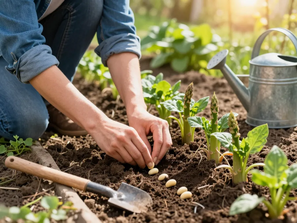 Gardener planting groene asperges zaaien in rich soil during spring.