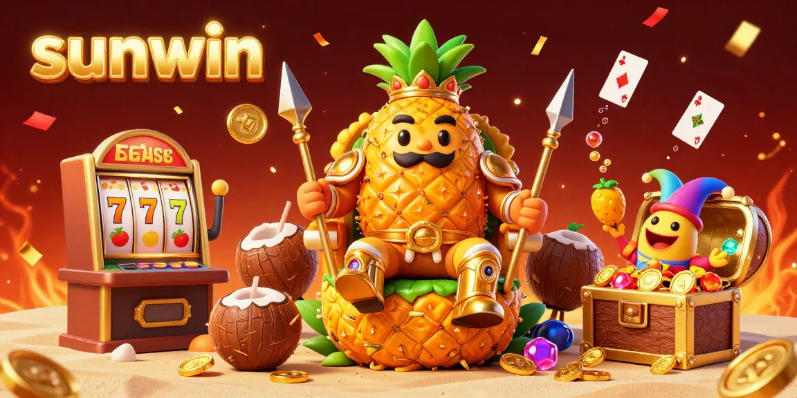 Engage with sunwin's vibrant beach casino scene featuring a golden pineapple king and slot machine excitement.
