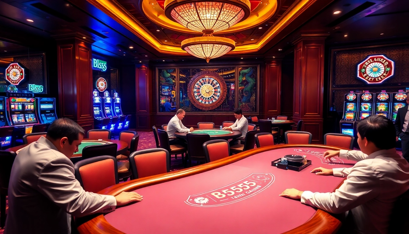 Experience the excitement of Bl555 at a luxurious casino with poker tables and roulette wheels.