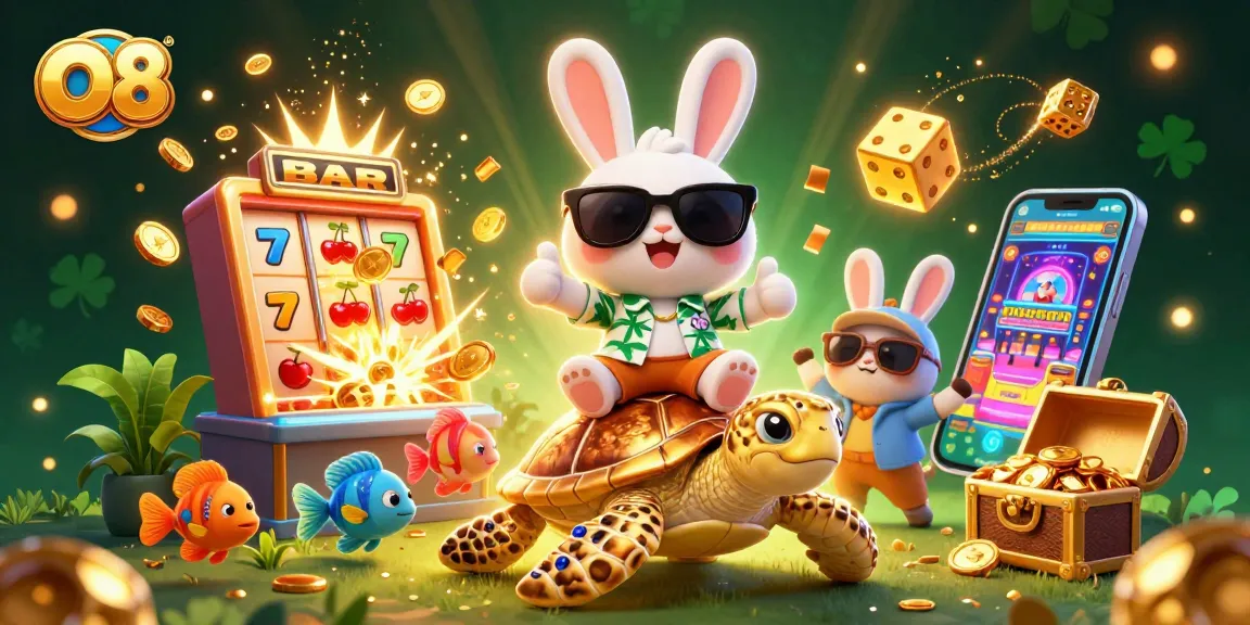 O8 offers vibrant jackpot excitement with a lucky rabbit and golden turtle in a dynamic casino scene.