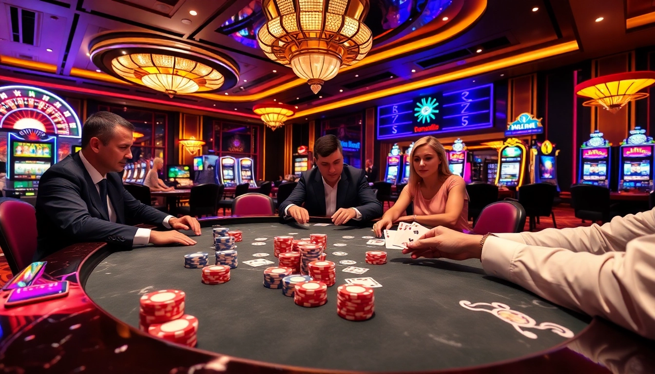 DOLA88 CLUB players engaged in an exciting poker game, showcasing vibrant colors and casino ambiance.