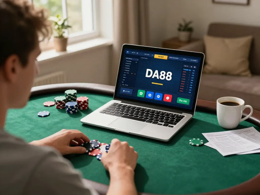 Player engaging in online poker on DA88 platform with colorful chips around, showcasing a cozy home atmosphere.