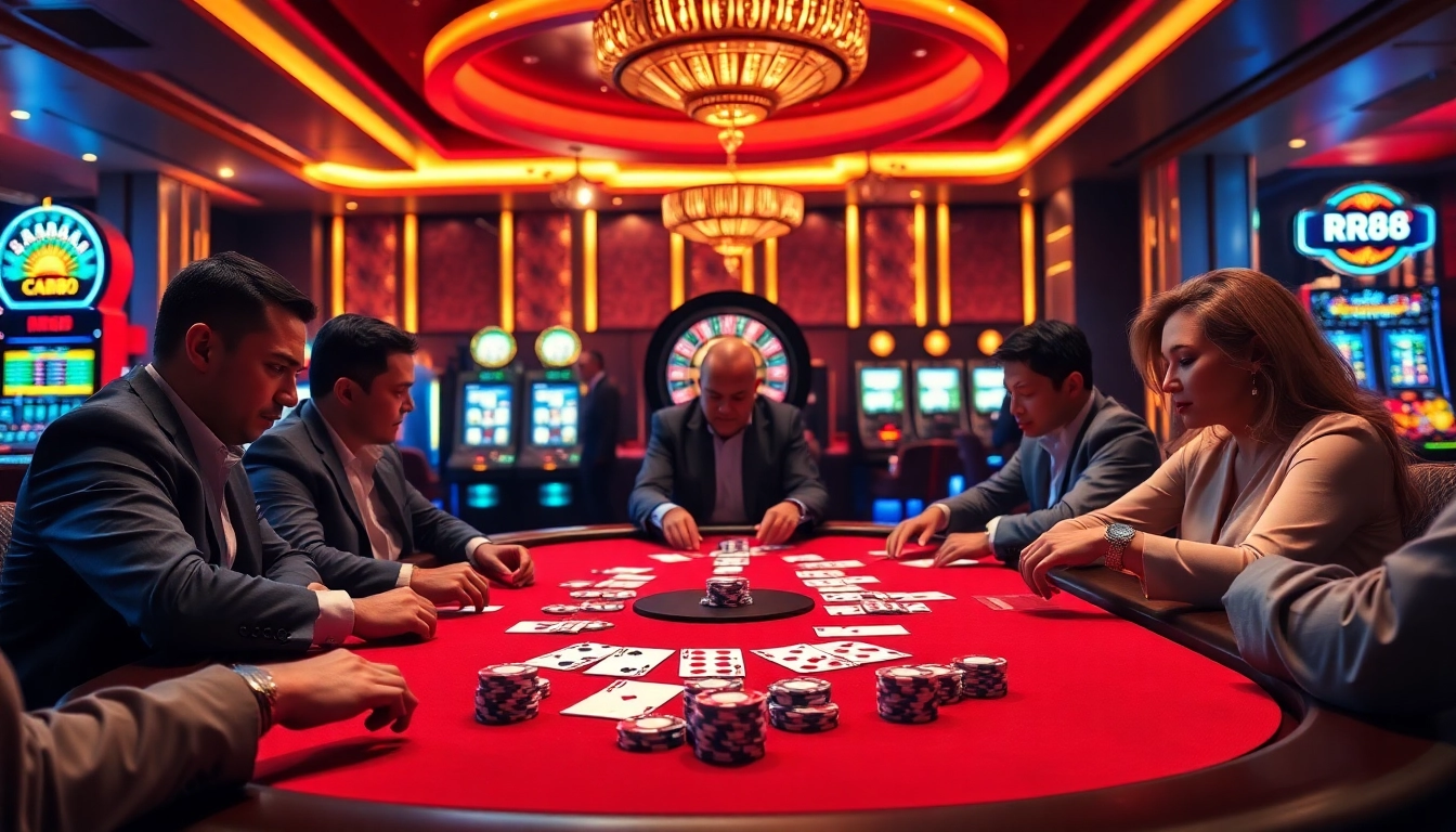 Experience the excitement of RR88 with vibrant casino scenes showcasing thrilling poker games.